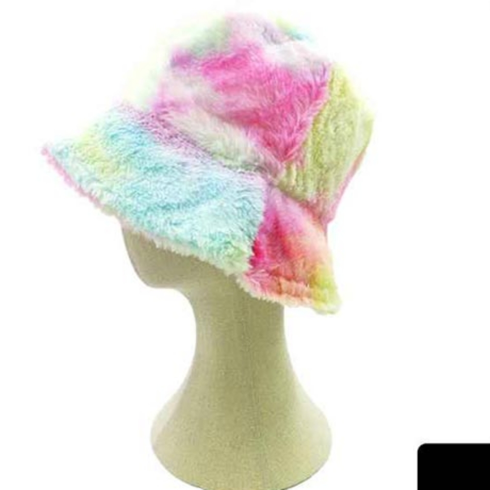 MultiColored Fur Bucket Hat Tie Dye Pattern Style